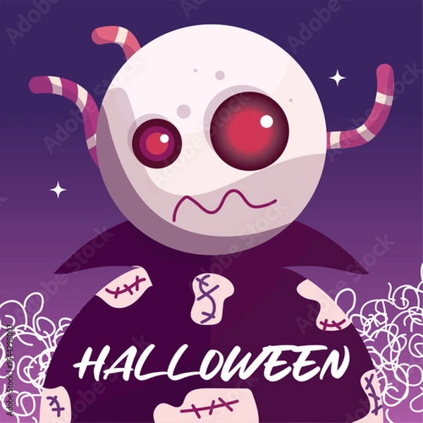 Obraz Colored spooky halloween poster Zombie with worms on head Vector
