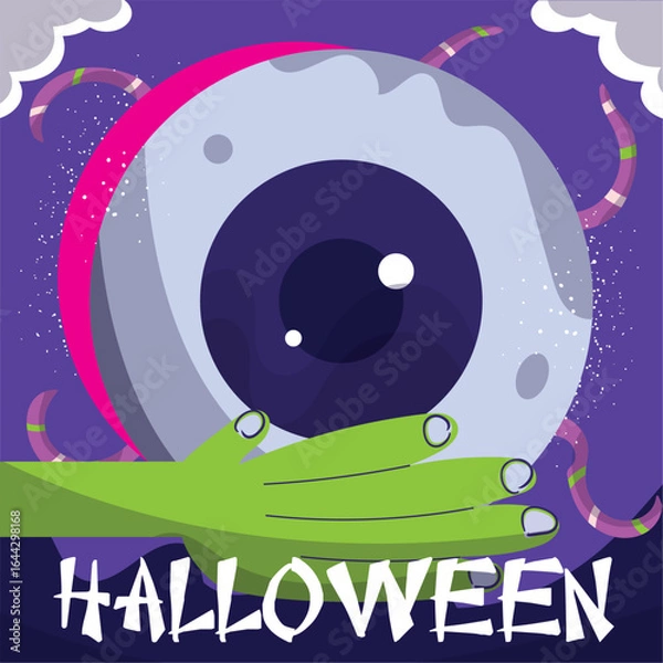 Obraz Colored spooky halloween poster Toad hand holding an eye Vector