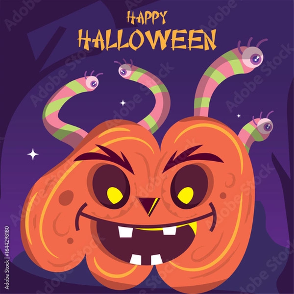 Obraz Colored spooky halloween poster Zombie pumpkin with worms Vector