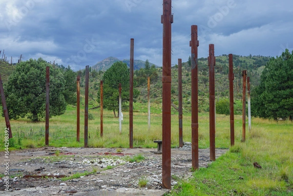 Fototapeta Remains of a burnt down building from wildfires in Lincoln National Forest outside Capitan, New Mexico