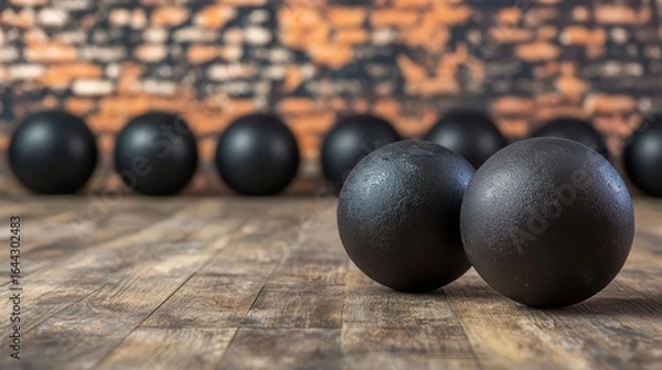 Fototapeta A striking arrangement of black exercise balls set against a textured brick wall backdrop, emphasizing fitness and wellness themes