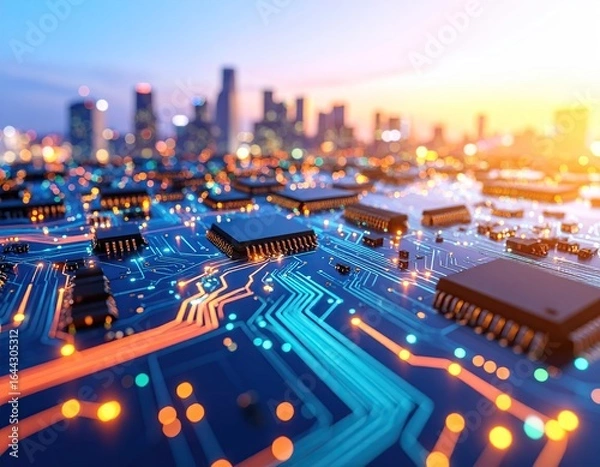 Fototapeta Fictional circuit board arranged as a cityscape