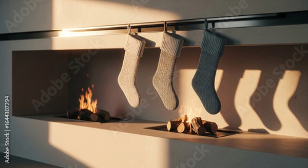 Fototapeta Cozy Christmas stockings hang by a warm fireplace, bathed in soft golden light, creating a festive holiday atmosphere.
