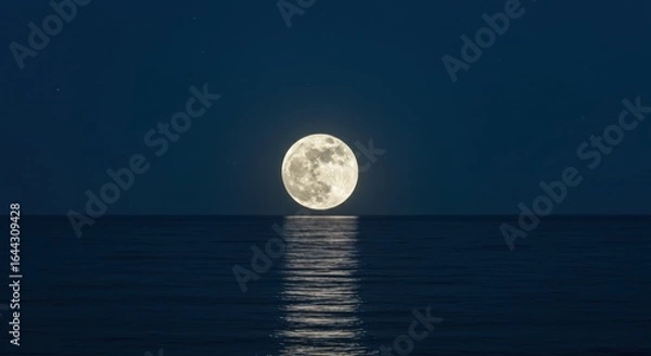 Fototapeta Majestic Moonlit Serenity: A luminous full moon casts a silvery reflection upon tranquil water, evoking a sense of calm and wonder.