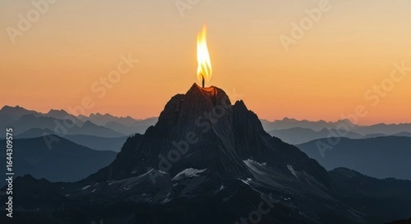 Fototapeta Burning Flame of Persistence: A small human silhouette atop a towering mountain peak is illuminated by a burning flame.