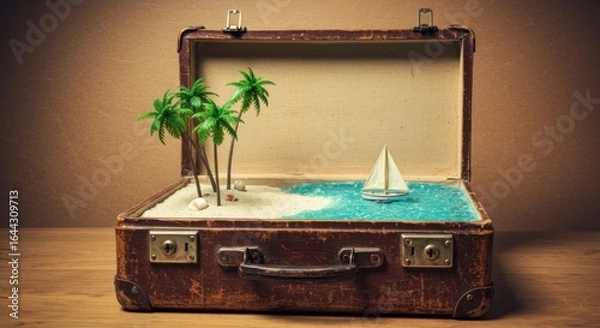 Fototapeta Tropical Escape in a Suitcase: A miniature tropical beach scene is artfully contained within a vintage suitcase, evoking a sense of travel and the allure of adventure.