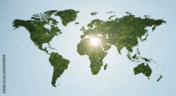 Fototapeta World Map Shaped with Greenery: A symbolic representation of our planet, meticulously shaped with vibrant green foliage, bathed in the warm embrace of sunlight.