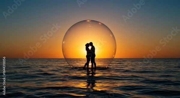 Fototapeta Love's Embrace: A silhouette of a couple embracing within a clear bubble, set against the backdrop of a breathtaking sunset over the ocean. A symbol of intimacy and protection amid nature's grandeur.