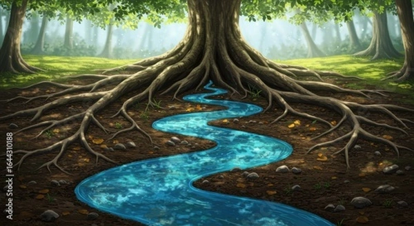 Fototapeta Mystical Forest River: A captivating vista featuring a serene, winding river gracefully meandering through a lush forest, flowing beneath the robust roots of a towering tree.
