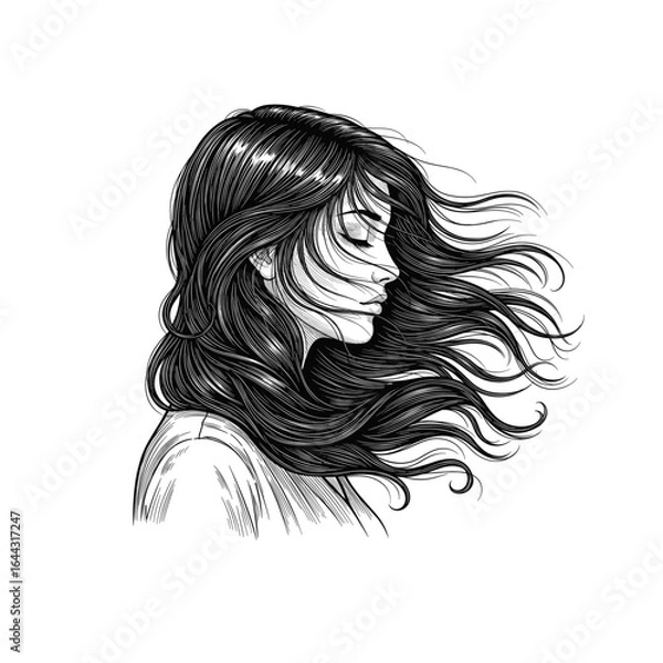 Obraz Engraving of Woman with Flowing Hair, drawn in an engraved, woodcut style with fine details sketch engraving vector illustration. Scratch board imitation