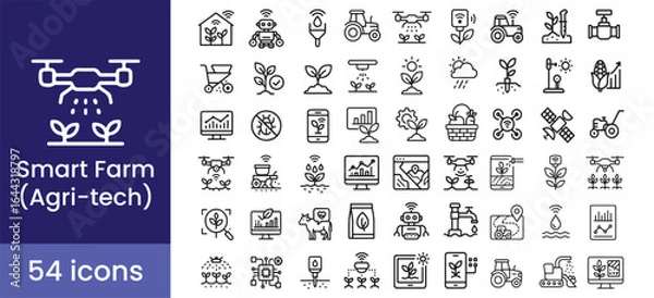 Fototapeta Smart farm and agritech icon set for modern agriculture technology and farming, with drone and robot symbols.


