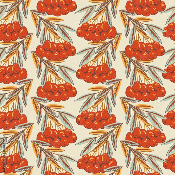 Fototapeta Cozy rowan berries autumn vector seamless pattern, hand-drawn warm seasonal texture