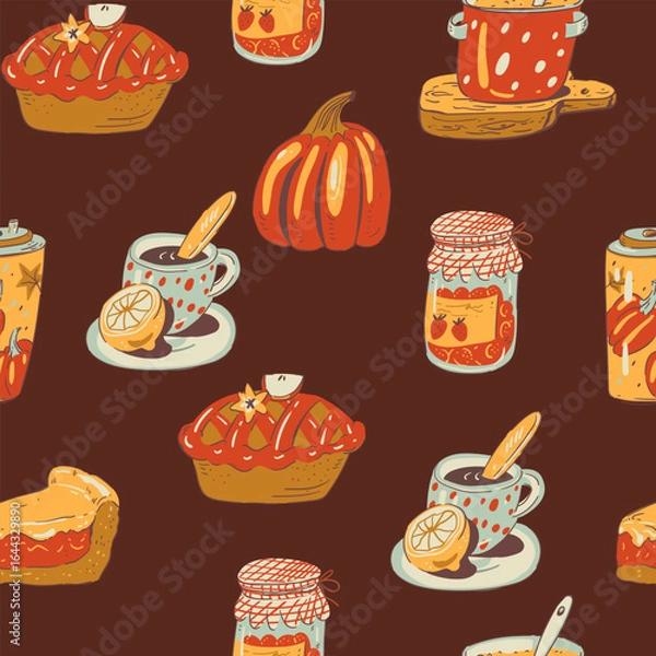 Fototapeta Cozy autumn vector seamless pattern, hand-drawn warm seasonal texture