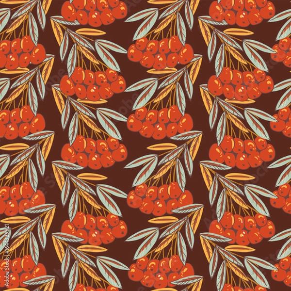 Fototapeta Cozy rowan berries autumn vector seamless pattern, hand-drawn warm seasonal texture
