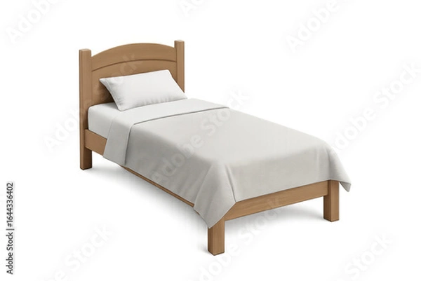 Fototapeta Wooden single bed with white linen on transparent background