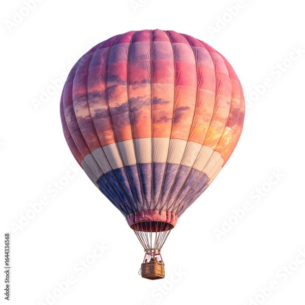 Fototapeta A vibrant hot air balloon, showcasing sunset hues reflected on its surface, floats against a stark black background