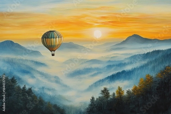 Fototapeta A hot air balloon flies over a foggy valley and a mountain