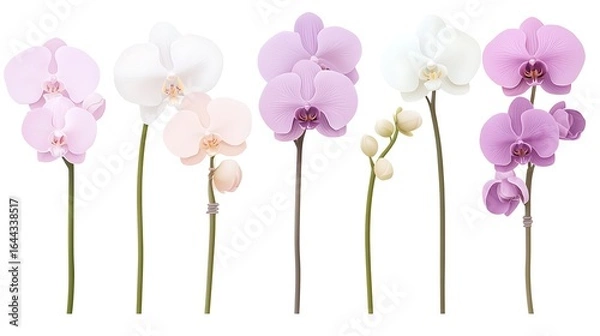 Fototapeta orchid flowers set, pastel pink petals, white background isolated, botanical collection stems, minimal floral arrangement, clean product cutout, soft natural look