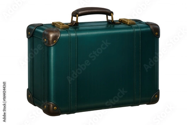 Fototapeta Vintage green suitcase featuring brown leather accents, standing isolated in studio setting, capturing nostalgic travel anticipation