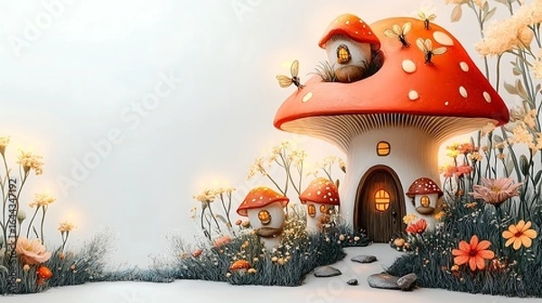 Fototapeta Fantasy mushroom house with glowing bee hives, Whimsical forest scene filled with tiny lights and flowers, Magical cartoon illustration with soft background and copy space