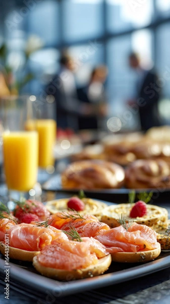 Fototapeta Catered event with open-faced salmon sandwiches, assorted pastries, and fresh orange juice. Great for business or personal gatherings.