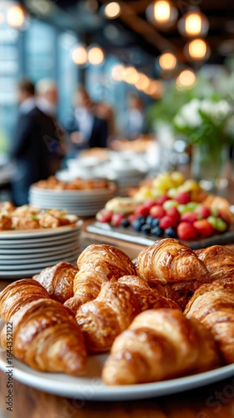 Fototapeta An assortment of pastries and fruits are arranged for an office breakfast or corporate event. Croissants are in foreground.