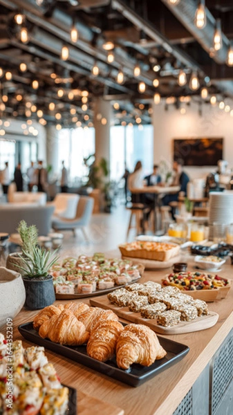 Fototapeta Elegant brunch buffet with croissants, snacks, and pastries in a modern office setting, perfect for business gatherings.