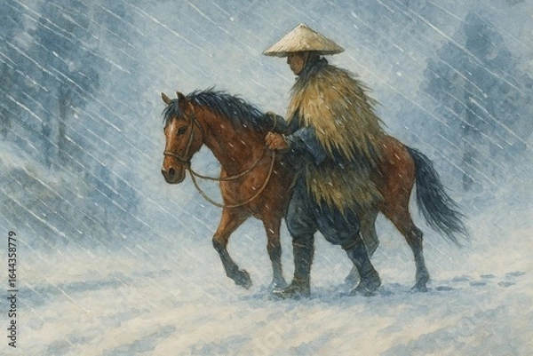 Fototapeta 吹雪の中を行く旅人と馬