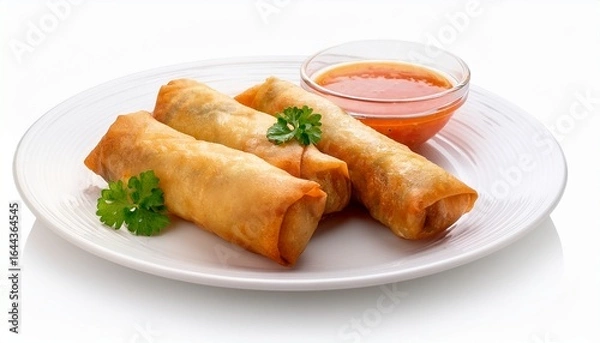 Fototapeta delicious spring rolls with sweet sauce on a white plate isolated on white background