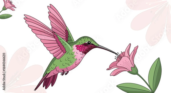 Fototapeta Elegant Hummingbird with Pink Accents Sipping Nectar from a Flower Illustration