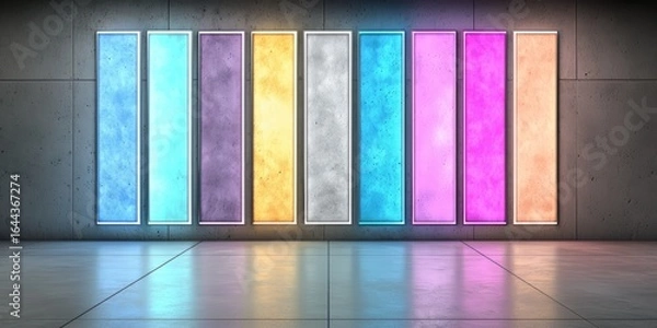 Fototapeta Series of colorful panels are displayed on a wall. The panels are arranged in a row, with each one having a different color. Scene is vibrant and lively