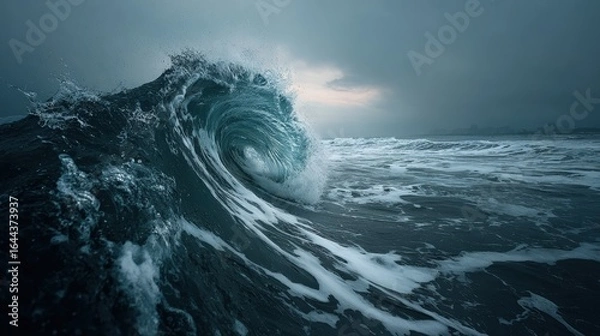 Fototapeta Towe powerful ocean wave crashing in stormy sea with dark cloudy sky and intense water movement illustrating nature's force and maritime environment