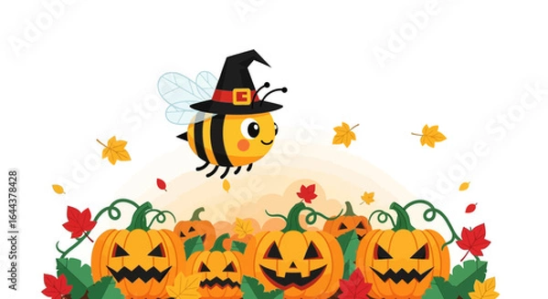 Fototapeta Festive Halloween illustration featuring a bee witch and cheerful pumpkins display