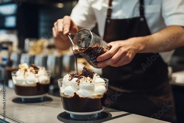 Obraz Pastry chef pouring melted chocolate on a delicious dessert