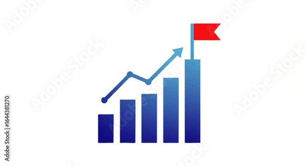 Fototapeta Blue business growth chart with an ascending arrow line graph and a red flag on top.