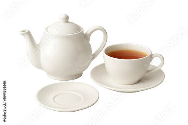 Obraz White teapot pouring tea into tea cup on transparent background