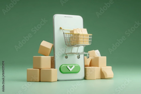 Fototapeta A phone with a shopping cart and boxes on a green background for online purchasing concept design