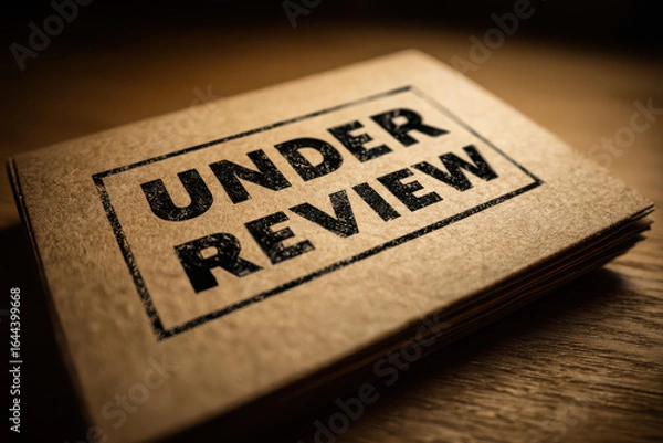 Fototapeta A stack of brown paper with the words under review stamped in black ink on a wooden surface top view