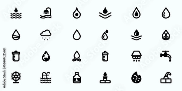 Fototapeta Water & Hydration Line Art Vector Icons — Water Drops, Waves, Rain, Water Cycle, Conservation, Aquatic Elements, and Environmental Symbols

