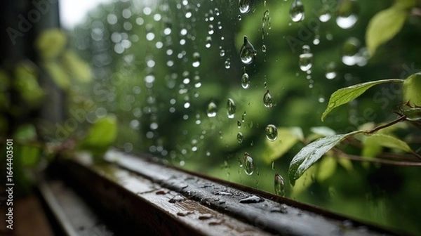 Fototapeta Close-up of raindrops on a window with green foliage in the background, captu the refreshing and calming atmosphere of a rainy day outdoors