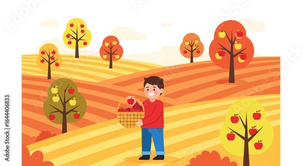 Fototapeta Illustration of a Boy Harvesting Apples in an Orchard in Autumn Landscape