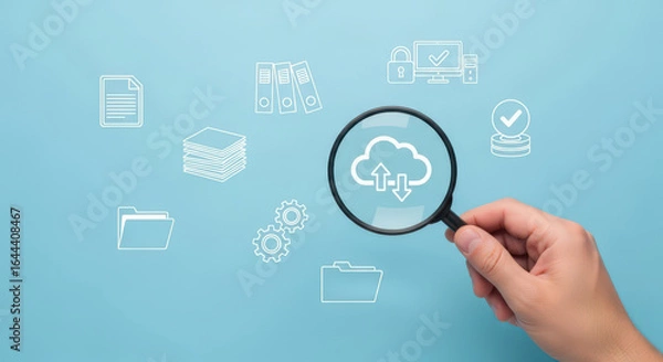 Fototapeta Data Management and Cloud Computing A Conceptual Image of a Magnifying Glass Focusing on Cloud Storage and Data Icons Representing Information Analysis and Security
