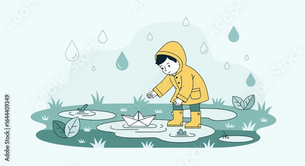 Obraz Illustration of a child in a raincoat playing with a paper boat in a puddle on a rainy day