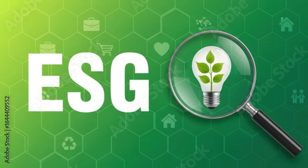 Fototapeta Environmental Social Governance ESG Concept with Magnifying Glass Focusing on a Light Bulb with Green Leaves Representing Sustainable and Ethical Business Practices