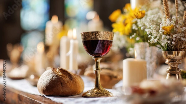 Fototapeta Ornate chalice and bread on a table setting.