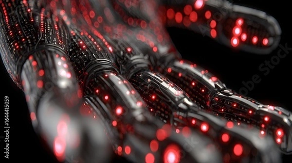 Fototapeta Close-up view of a metallic robotic hand with glowing red details.