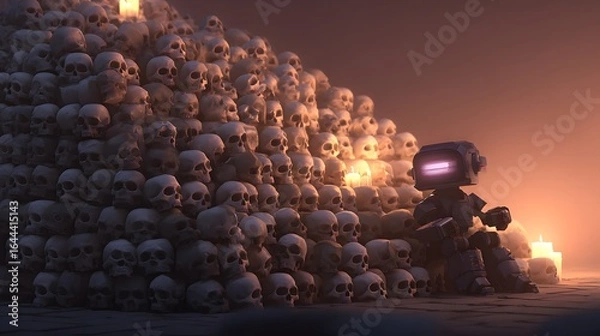 Fototapeta A small robot sits amidst a large pile of skulls.