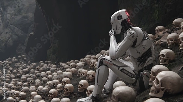 Obraz White robot sits amidst many skulls in a dark cave.