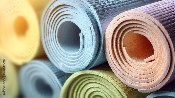 Fototapeta Rolled-up exercise mats in various pastel colors.