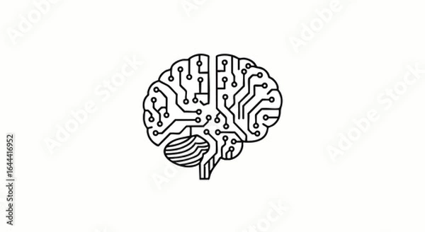 Obraz Minimalist black line art of a human brain stylized as a digital circuit board, representing artificial intelligence.
